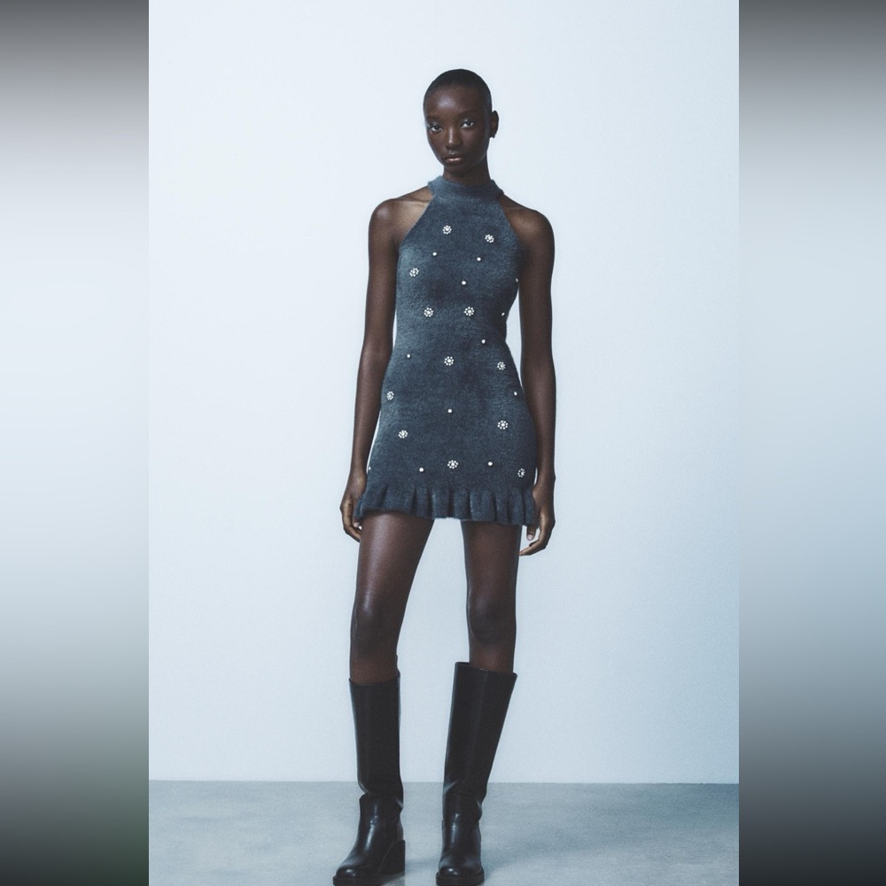 ZARA FAUX FUR BEADED HALTER DRESS